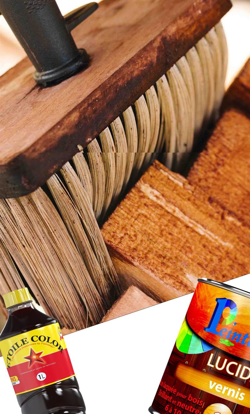 Brosse à vernis sur du bois, avec bouteille Etoile Color et pot Peintania Lucida